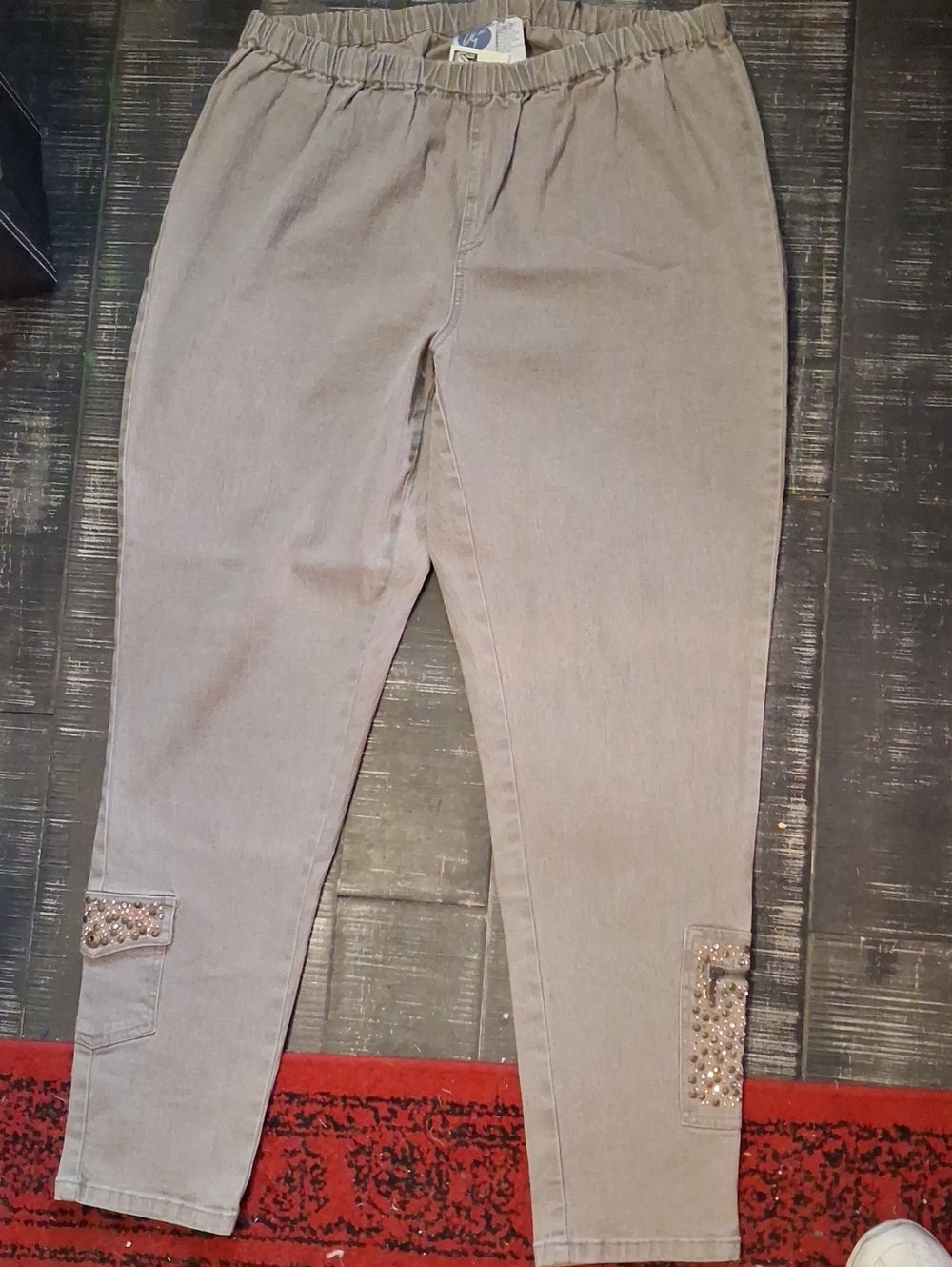 Womens Taupe Stretch Jeans with Embellished Pockets On Lower Legs